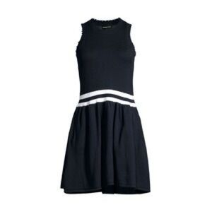 Minnie Rose Cotton Cashmere Sleeveless Knit Drop Waist Dress Black White Stripe